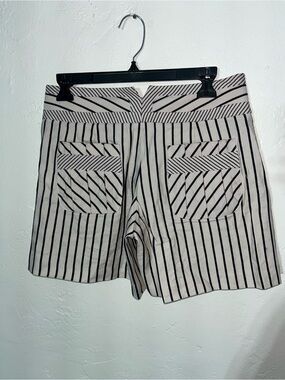 Linen Blend Eclectic Striped High-Waist Cotton Blend Shorts Black Cream Like New